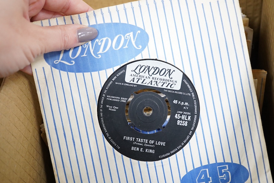 Four boxes of 7 inch singles, all on the London label, artists include; Johnny and the Hurricanes, Fats Domino, Duane Eddy, Paul Evans, Sandy Nelson, Bobby Vee, Ray Peterson, Carole King, Ricky Nelson, the Everly Brother